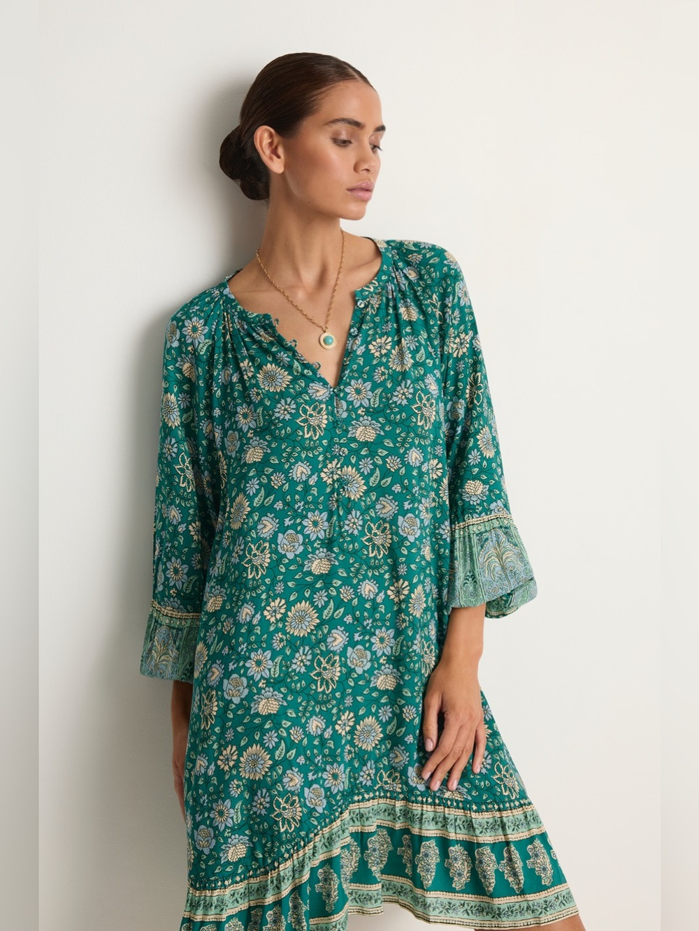 ๐ Spell Elysian Tunic Floral Mini Dress Ruffle Hem in Jade XS - Picture 3 of 11
